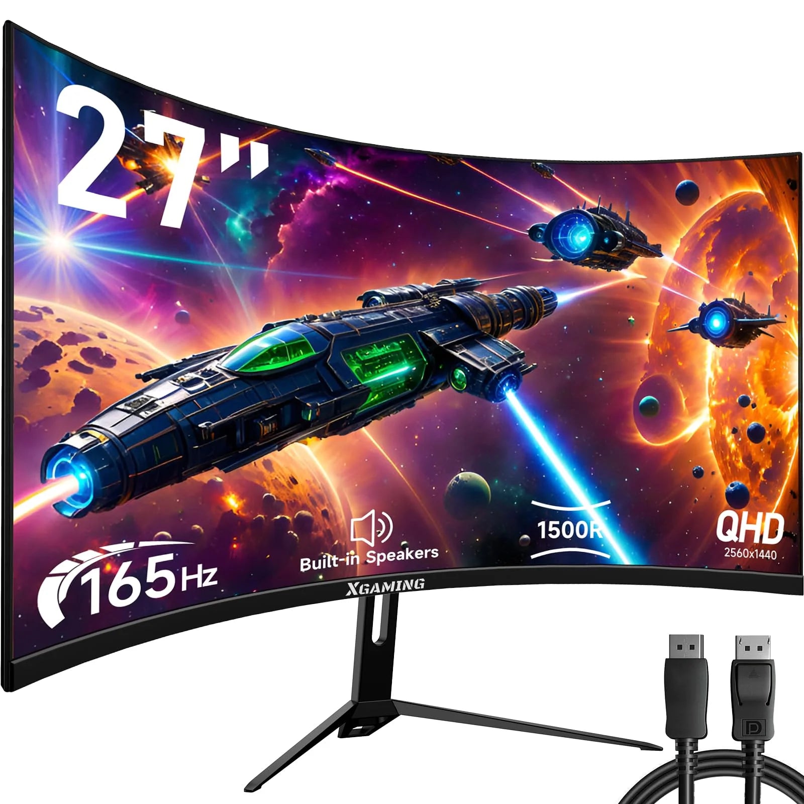 27Inch 165Hz Curved Gaming Monitor, 1440P 144Hz Gaming Monitor, QHD 2K(2560X1440) PC Monitor, LCD Computer Monitor for Laptop with 2 Speaker&Backlight, 1Ms Freesync, Metal Base, DP&HDMI